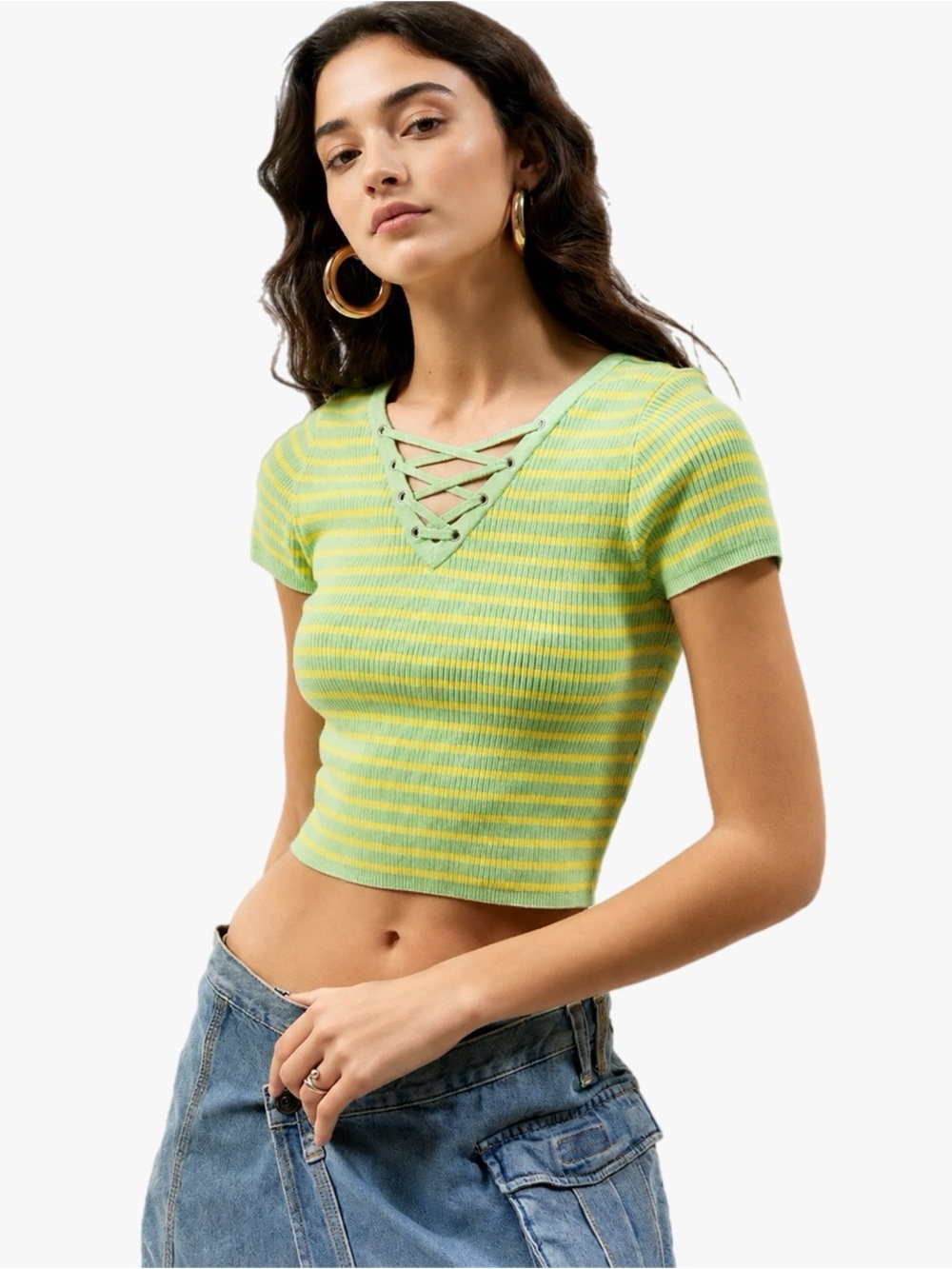Urban Outfitters Ribbed Knit Lace-Up Crop Sweater Green Yellow Striped Y2K Style